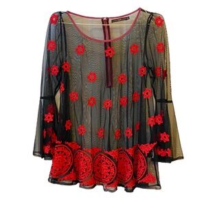 Hazel Anthropologie embroidered mesh top